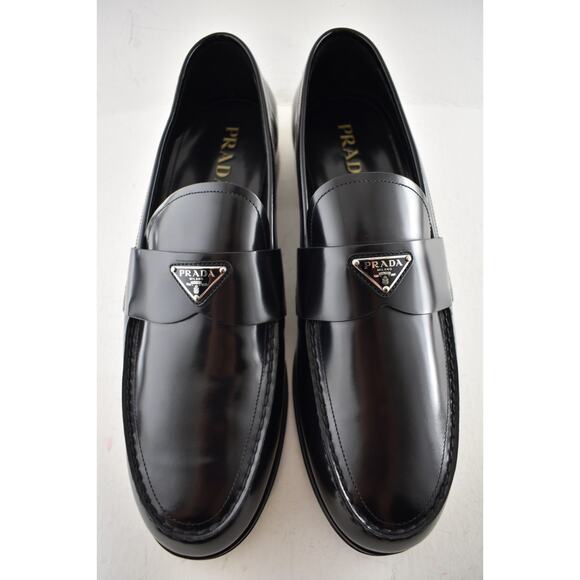 Prada Black Brushed Leather Triangle Logo Classic Loafer SlipOn Flat UK 12 US 13 main image 15